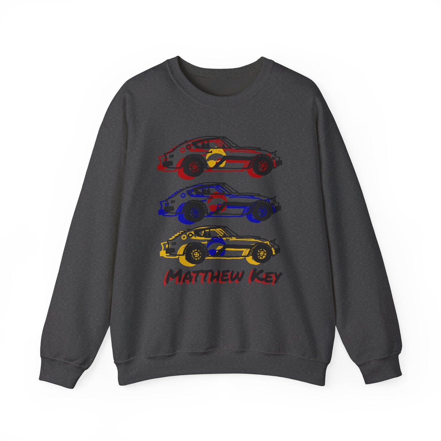 Car Stack Crewneck Sweatshirt — Personalized "Matthew Key" Vintage Race Cars