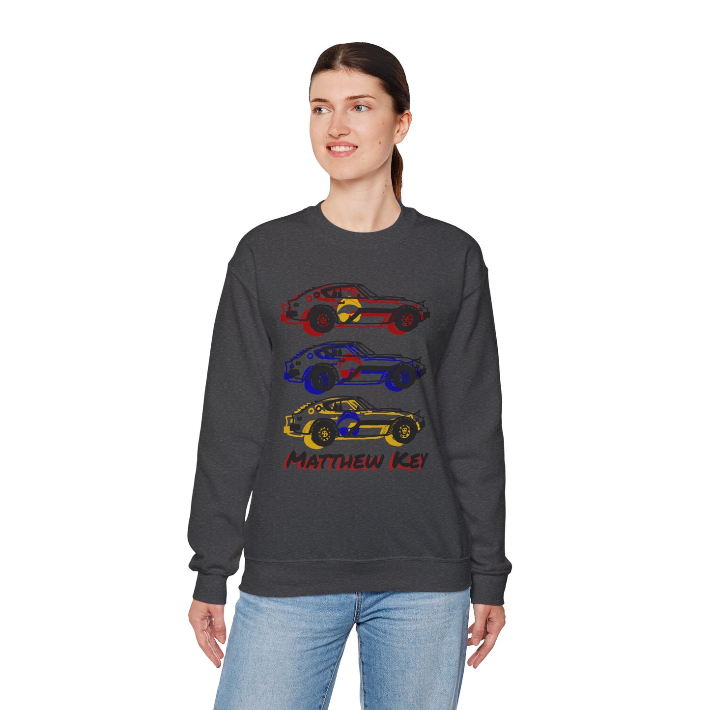 Car Stack Crewneck Sweatshirt — Personalized "Matthew Key" Vintage Race Cars