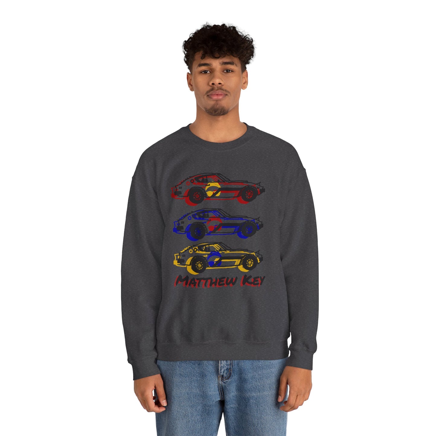 Car Stack Crewneck Sweatshirt — Personalized "Matthew Key" Vintage Race Cars