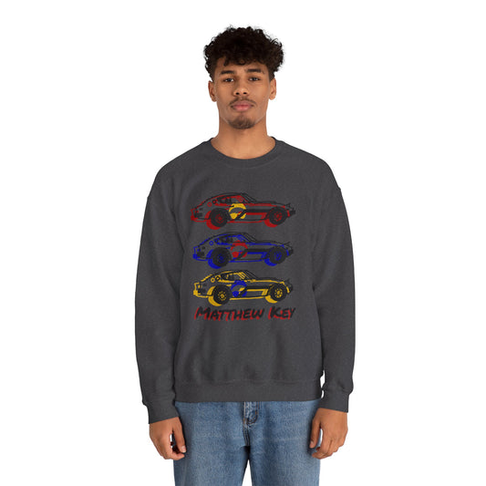Car Stack Crewneck Sweatshirt — Personalized "Matthew Key" Vintage Race Cars